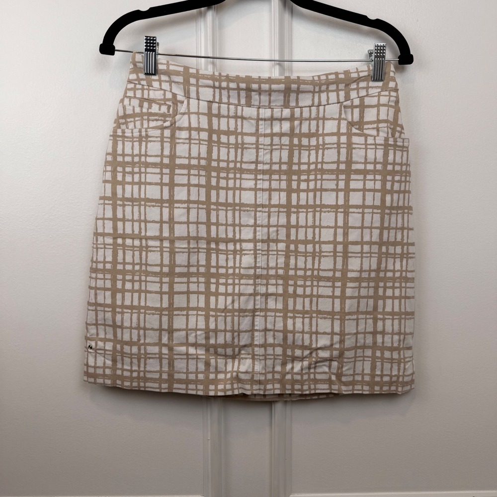 Hilary Radley Tan White Grid Print Mini Skirt‎ Small J1331-E2105A Stretch Lined